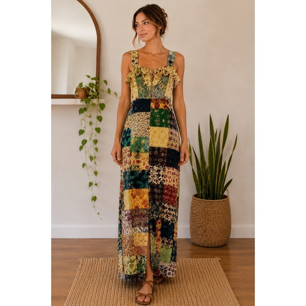 Gypsy Rose Patchwork Maxi Dress Womens Free Size Cotton Boho Button Front India
